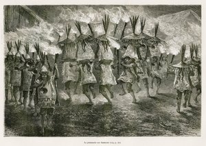 Fackelvandringen genom San Joses gator, ritad av E.Riou, för att illustrera resan i Titicaca-regionen och dalarna i östra Nedre Peru, 1873 av Paul Marcoy. Gravyr i Le tour du monde av Edouard Riou