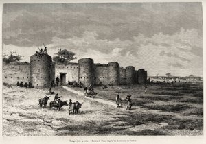Staden Tiong-Gi (Tiong Gi, Mali), med sina befästningar och lertorn. Gravyr av Riou, för att illustrera historien ""Från Niger till Guineebukten"" av kapten Louis Gustave Binger (1856-1936), 1887-1889, i Le tour du monde, nouveau journal av Edouard Riou