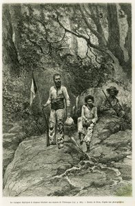 Resenären som distribuerar den trefärgade flaggan till Orenoques källor. Gravyr av Riou, för att illustrera berättelsen Voyage aux sources de l
