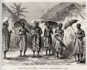 Tontyp med sitt paraply. Gravyr av Riou, för att illustrera berättelsen "" Från Niger till Guineabukten"" av kapten Louis Gustave Binger (1856-1936), 1887-1889, i Le tour du monde, nouveau journal des voyages, under ledning av Edouard Char av Edouard Riou