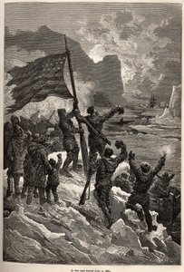 Tysons besättning, efter flera dagars drivande på ett isberg, såg äntligen en valfångare och viftade med den amerikanska flaggan för att ses och räddas, graverad efter en teckning av E.Riou, som illustrerar historien om Polaris, isflotten, av löjtnant Tyso av Edouard Riou