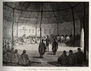 Besök i Naba i Karaga (Ghana). Gravyr av Riou, för att illustrera historien "" Från Niger till Guineebukten"" av kapten Louis Gustave Binger (1856-1936), 1887-1889, i Le tour du monde, nouveau journal des voyages, under ledning av Edouar av Edouard Riou