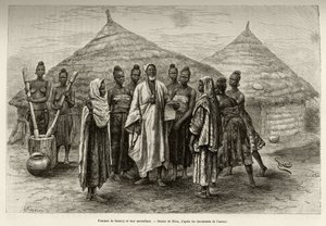 Women of Samory Toure (cirka 1835-1898) krigschef för Niger-slingan och deras handledare, Sonninke, som vet hur man läser och skriver arabiska, vilket framgår av papperet han håller i handen. Gravyr av Riou, för att illustrera berättelsen "" Från Niger til av Edouard Riou