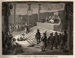 En kinesisk domstol, den anklagade uppträder vid domstolen omgiven av en gendarm som håller honom kedjad och hans slaktare, teckning av Vaumort (? -1886), för att illustrera resan från Shanghai till Moskva, från 1859 till 1862, av M. de Bourboulon. , frans