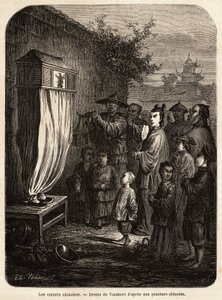 En rörlig teater med kinesiska skuggor, på en promenad av Pekin, teckning av Vaumort (? -1886), för att illustrera resan från Shanghai till Moskva, från 1859 till 1862, för M. de Bourboulon, fransk minister i Kina. Gravyr i "" Le tour du monde"", redigerad