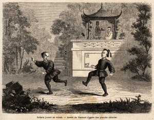 Kinesiska barn som leker vid ratten (läderboll, tungmetallringar och implanterade 3 långa fjädrar), under överinseende av sin mor, ritning av Vaumort (? -1886), för att illustrera resan från Shanghai till Moskva, från 1859 till 1862, av M. de Bourb
