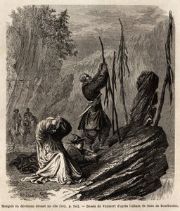 Mongoler i hängivenhet till en obo, nära bergen i Bakka och Mongoliet, teckning av Vaumort (? -1886) för att illustrera resan från Shanghai till Moskva, från 1859 till 1862, av M. de Bourboulon, fransk minister till Kina. Gravyr i "" Le tour du monde", red