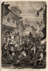 Klädhandlarnas gata, Kalgan, Mongoliet. Teckning av Vaumort (? -1886), för att illustrera resan från Shanghai till Moskva, från 1859 till 1862, av M. de Bourboulon, fransk minister till Kina. Gravyr i "" Le tour du monde"", redigerad av Edouard Chart