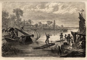 De olika metoderna för att fiska floderna i provinsen Pet Tche Li (eldfiske, treuddfiske, fiskfiske, schackfiske och strandfiske) beskrivs. Teckning av Vaumort (? -1886), för att illustrera resan från Shanghai till Moskva, från 185