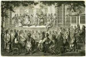 Vy över en representation av Opera de Pekin (Peking), Kina, efter reseberättelsen om Madame de Bourboulon. Gravyr efter en teckning av Vaumort, i "" Le Tour du Monde, Nouveau journal des Voyages", redigerad av Edouard Charton, Paris