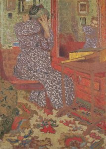 Madame Vuillard arrangerar sitt hår, 1900 (bräda) av Edouard Vuillard
