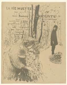 Omslag till programhäfte med kvinna med två barn och man i parken för lek La vie muette med lista över roller och skådespelare La vie muette av Edouard Vuillard