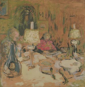 Middagen med två lampor, rue de Calais, 1913 (valpsjuka på brunt papper) av Edouard Vuillard