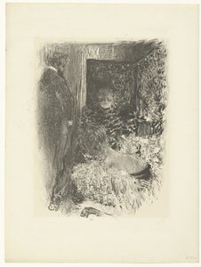 Två kvinnor och man i upplyst interiör Intimitet av Edouard Vuillard