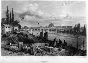 Stadsvy av Tour, Indre-et-Loire (Indre et Loire), centrum, Frankrike. Gravyr av Willmann i "Ancient and Modern France"" av Jean-Bernard Mary-Lafon (Jean Bernard Mary Lafon)