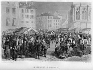 Marche i Bayonne, Pyrenees-Atlantiques (Pyrenees Atlantiques), Aquitaine, Frankrike. Gravyr av Willmann i "Ancient and Modern France"" av Jean-Bernard Mary-Lafon (Jean Bernard Mary Lafon)