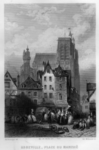 Place du Marche i staden Abbeville, Somme, Picardie, Frankrike. Gravyr av Willmann i "Ancient and Modern France"" av Jean-Bernard Mary-Lafon (Jean Bernard Mary Lafon)