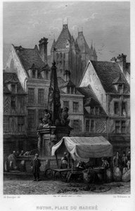 Place du Marche i staden Noyon, Oise, Picardie, Frankrike. Gravyr av Willmann i "Ancient and Modern France"" av Jean-Bernard Mary-Lafon (Jean Bernard Mary Lafon)