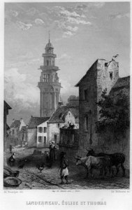 Vy över Landerneau och Saint Thomas Church, Finistere, Bretagne, Frankrike. Gravyr av Willmann i "Ancient and Modern France"" av Jean-Bernard Mary-Lafon (Jean Bernard Mary Lafon)
