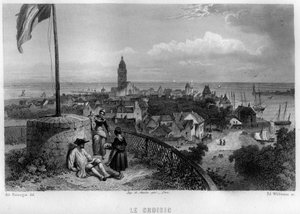 Utsikt över staden Croisic (Le Croisic), Loire-Atlantique (Loire Atlantique), Pays de la Loire, Frankrike. Gravyr av Willmann i "Ancient and Modern France"" av Jean-Bernard Mary-Lafon (Jean Bernard Mary Lafon)