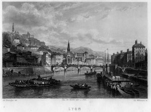 Utsikt över staden Lyon, Rhone-departementet, Rhone-Alpes-regionen, Frankrike. Gravyr av Willmann i "La France ancienne et moderne"" av Jean-Bernard Mary-Lafon (Jean Bernard Mary Lafon)