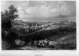 Utsikt över staden Morlaix, Finistere, Bretagne, Frankrike. Gravyr av Willmann i "Ancient and Modern France"" av Jean-Bernard Mary-Lafon (Jean Bernard Mary Lafon)