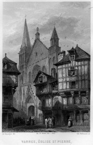 Utsikt över staden Vannes och kyrkan Saint Pierre, Morbihan, Bretagne, Frankrike. Gravyr av Willmann i "La France ancienne et moderne"" av Jean-Bernard Mary-Lafon (Jean Bernard Mary Lafon)