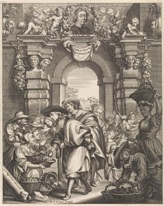 Två herrar köper svamp på marknaden Titelillustration för: F. van Sterbeeck, Theatrum Fungorum or the tooneel der Campernoelien, 1675 av Edouard van Ordonie