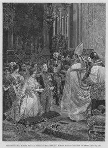 Religiös ceremoni för Ferdinand II:s bröllop med Maria Cristina av Savojen (gravyr) av Edouardo Matania