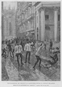 Provokation av Radetzkys soldater mot det milanesiska folket beslutade att avstå från tobak, 3 januari 1848 (gravyr)