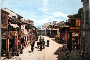 En gata i Hong Kong i mitten av artonhundratalet (färg litho) av Eduard (after) Hildebrandt