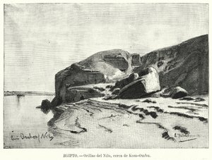Nilens stränder nära Kom Ombo, Egypten (litho) av Eduard (after) Hildebrandt
