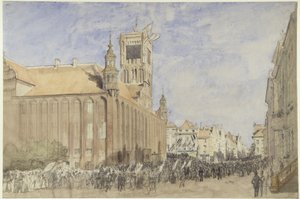 Thorn (Toruń), tidigare regeringsdistriktet Marienwerder (Kujavien-Pommerns vojvodskap). Invigning av Kopernikusmonumentet vid rådhuset av Eduard Gaertner