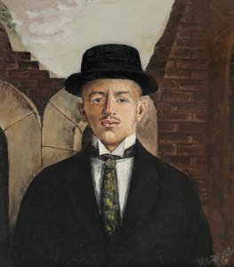 Porträtt av poeten Vasili Kamensky 1884-1961 i en hög hatt, 1917