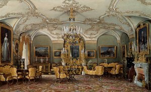 Utsikt över salongen av Alexandra Fyodorovna (Fedorovna eller Feodorovna eller Charlotte av Preussen (1798-1860)), fru till tsar Nicholas I vid Gatchina-palatset. Akvarell tillskriven Eduard (Edouard) Hau (1807-1870) 1800-talets Sankt Petersburg, Hermitage av Eduard Hau