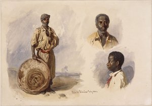 Tre porträtt av afrobrasilianer: helfigur, stående med en korg, bröstbild av en man framifrån och en pojke i profil