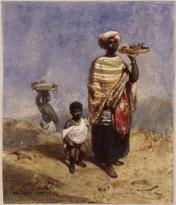 En afrobrazilisk kvinna som leder en liten pojke i höger hand och stödjer en fruktskål med vänster hand av Eduard Hildebrandt