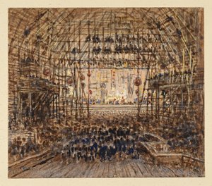 Teater i Peking. Interiörvy av Eduard Hildebrandt
