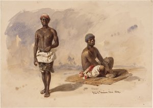 Två afrobrasilianer; den ene stående framifrån, den andre sittande på en vassmatta av Eduard Hildebrandt