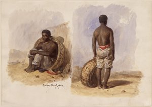 Två studier av en afrobrazilianare; till vänster sittande i en korg lutad mot väggen, till höger stående sedd bakifrån av Eduard Hildebrandt