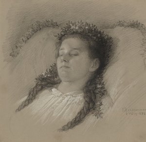 En flicka på sin dödsbädd med en krona av blommor av Eduard Julius Friedrich Bendemann