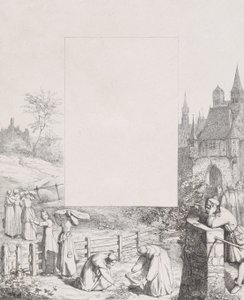 Plåt 5: kvinnor som samlar växter och bär dem över sina huvuden, en manlig åskådare vid ri..., 1836. av Eduard Julius Friedrich Bendemann