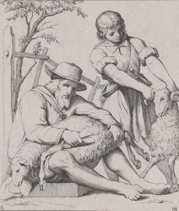 Två män fårklippning, ca. 1842. av Eduard Julius Friedrich Bendemann