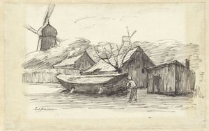 Båt, hus och en väderkvarn