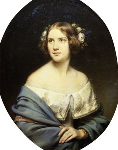 Porträtt av Jenny Lind, stående halvlängd i en vit klänning och en ljusblå sjal,