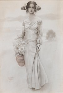 En flicka med en kanna och en bukett blommor, 1914.