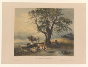 Figurer med boskap som vilar i ett landskap Des Landmanns Mittagsruhe (titel på objekt) av Eduard Weixlgärtner