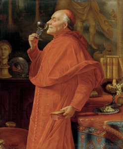 Kardinal undersöker buketten av ett vitt vin (i ett venetianskt glas). Omkring 1900.