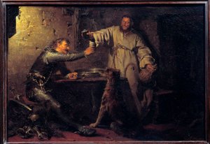 Medelålders krigare skålar med en eremit i en krog Målning av Eduard von Grutzner (1846-1925) 1878 Sön. 0,44x0,63 m Paris, musee d