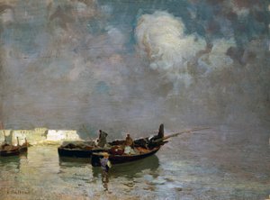 Marina med fiskare, av Eduardo Dalbono (1841-1915), olja på duk, 34x45 cm